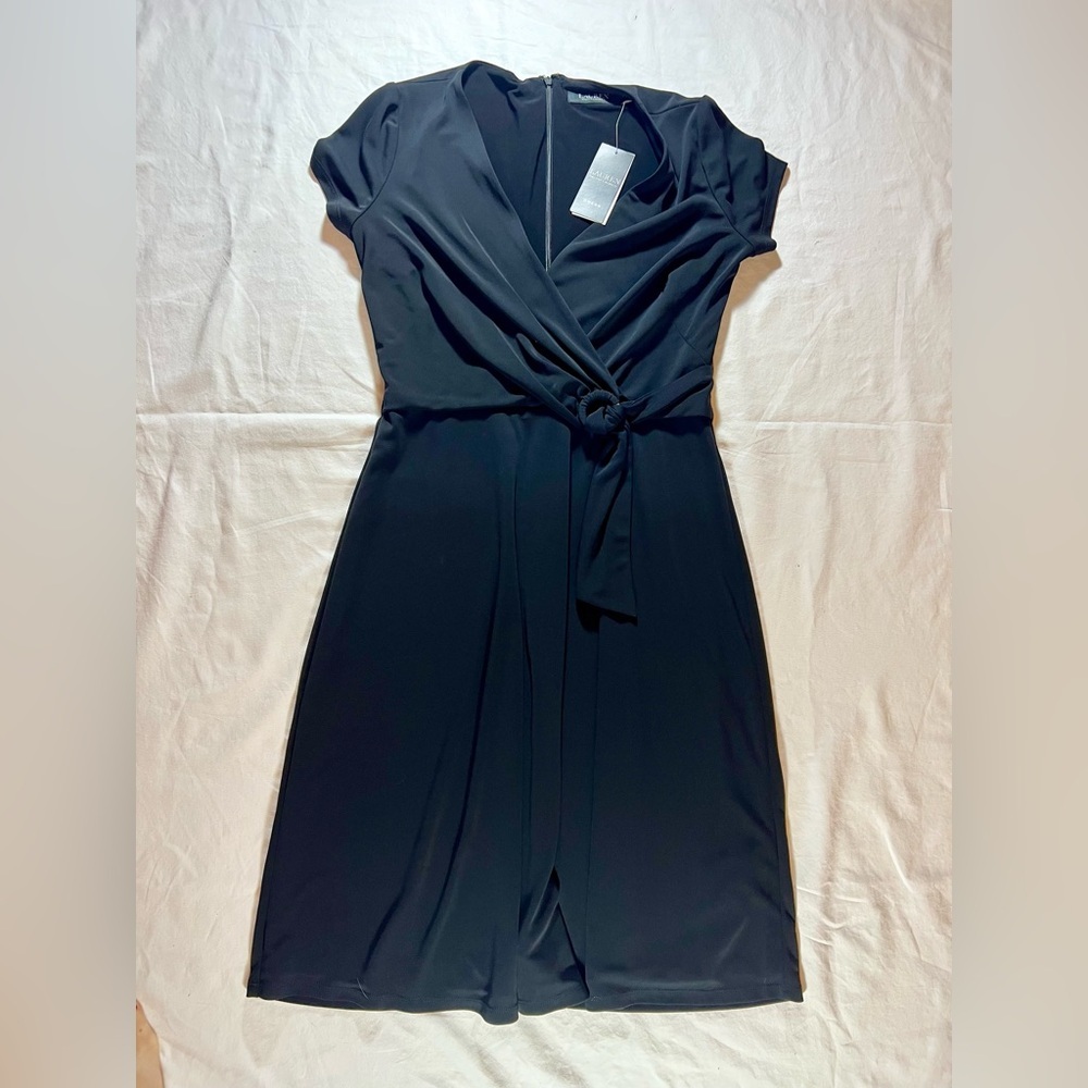 Lauren Ralph Lauren Faux Wrap Belted  A Line Knee Length Dress Black Sz 4 - Picture 3 of 11